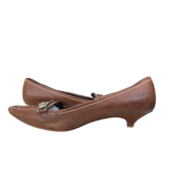 PRADA LEATHER KITTEN HEEL LOAFER PUMP BROWN SIZE 7, EURO 37.5 - Picture 6 of 10
